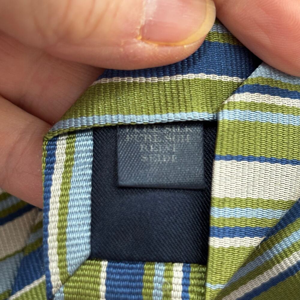 Vintage Burberry London long silk necktie green blue stripe hand made in England - Picture 6 of 13